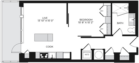 Floor plan for 1 bed, 1 bath, 600 sqft